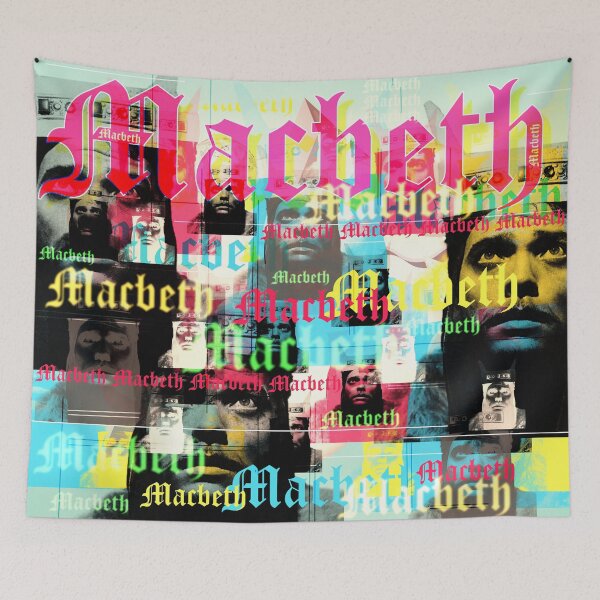 Item preview, which he also directed. The filmic implementation of Shakespeare's drama is once again a masterpiece by Welles.
The collage by Mallybeau Mauswohn shows a multi-layered portrait of Orson Welles in the role of Macbeth. Interwoven with lettering in modern designed and sold by Mauswohn.