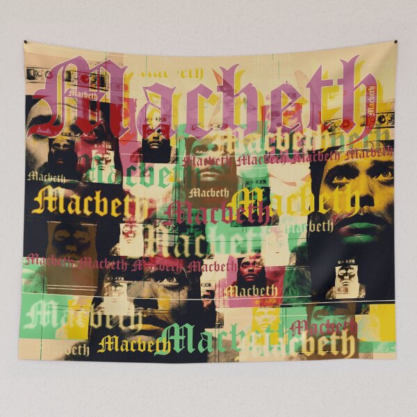 Item preview, which he also directed. The filmic implementation of Shakespeare's drama is once again a masterpiece by Welles.
The collage by Mallybeau Mauswohn shows a multi-layered portrait of Orson Welles in the role of Macbeth. Interwoven with lettering in pastel- designed and sold by Mauswohn.