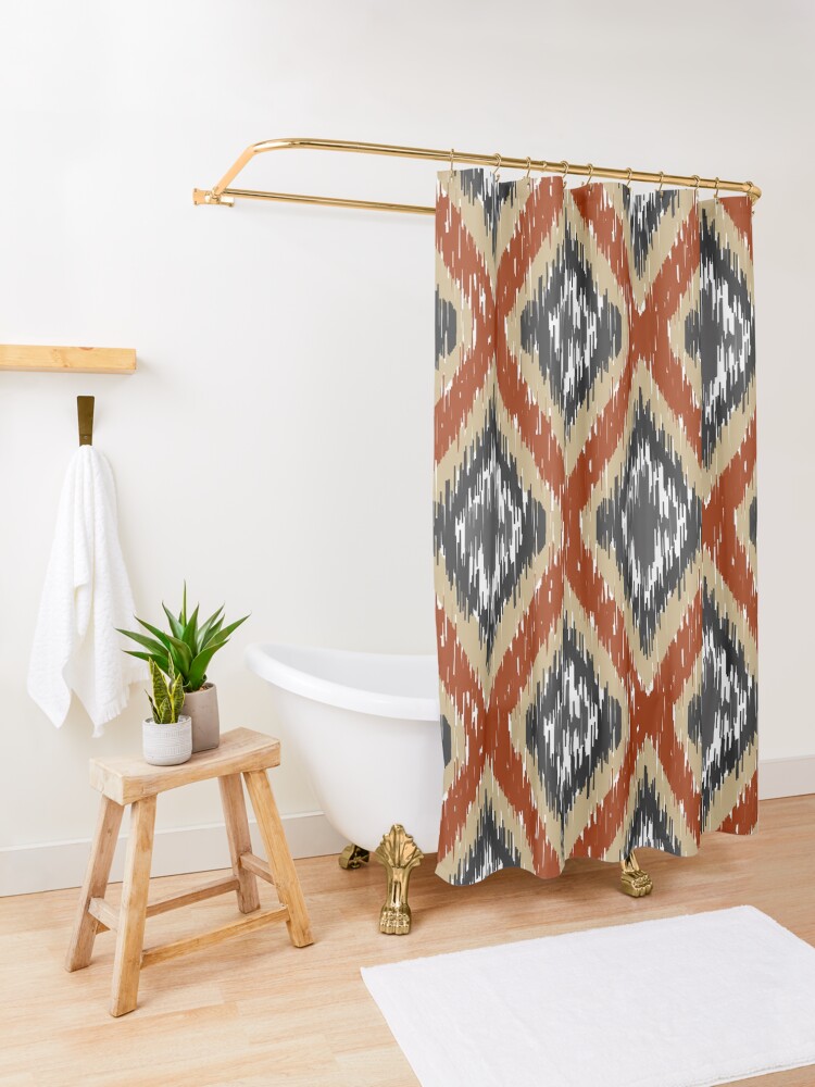 Alternate view of Ikat rust and grey pattern Shower Curtain