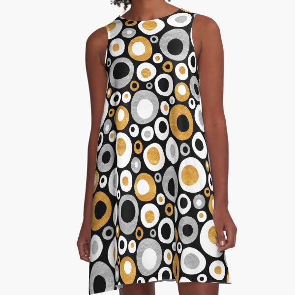 Funky Mid Century Modern Circles - Gold, Silver, Black, White A-Line Dress