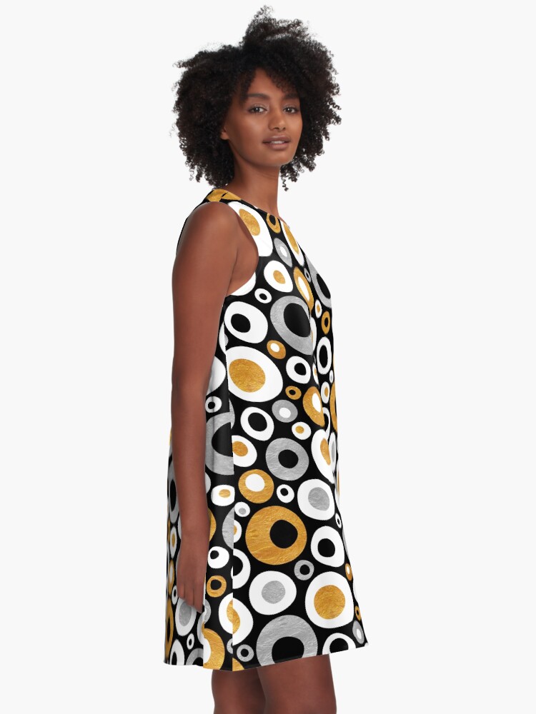 Alternate view of Funky Mid Century Modern Circles - Gold, Silver, Black, White A-Line Dress