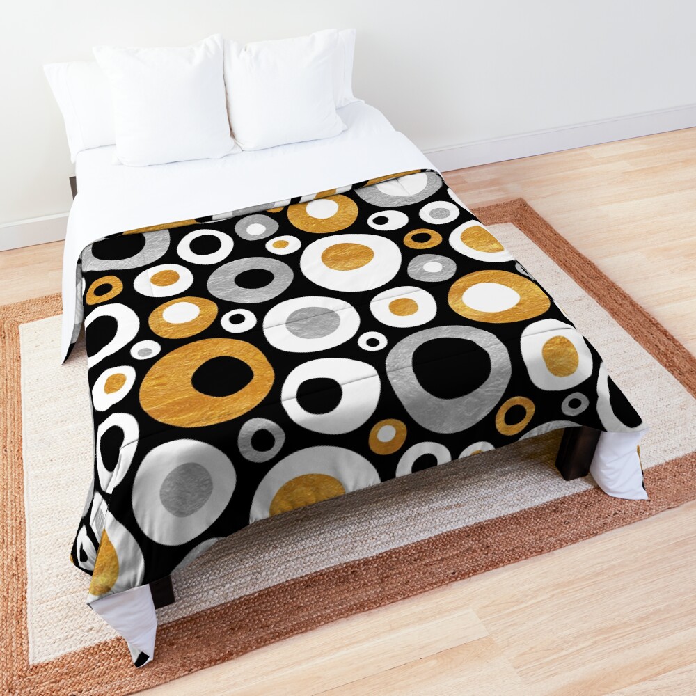 Funky Mid Century Modern Circles - Gold, Silver, Black, White Comforter