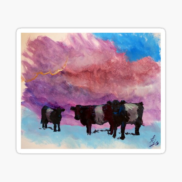 Item preview, Belted Galloway Cows Painting - Belties under surreal purple cloudy sky designed and sold by MikeJory.