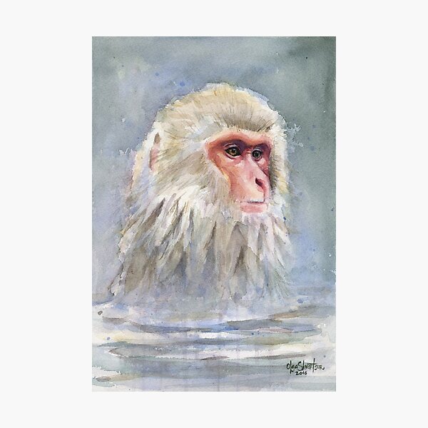 Snow monkey Watercolor Photographic Print