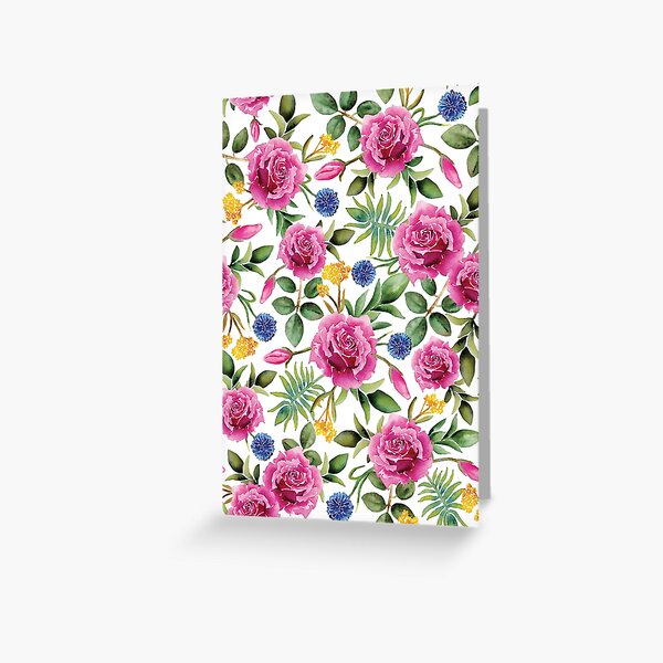 Watercolor Roses - Pink, Blue, Yellow & Green Floral/Botanical Pattern Greeting Card