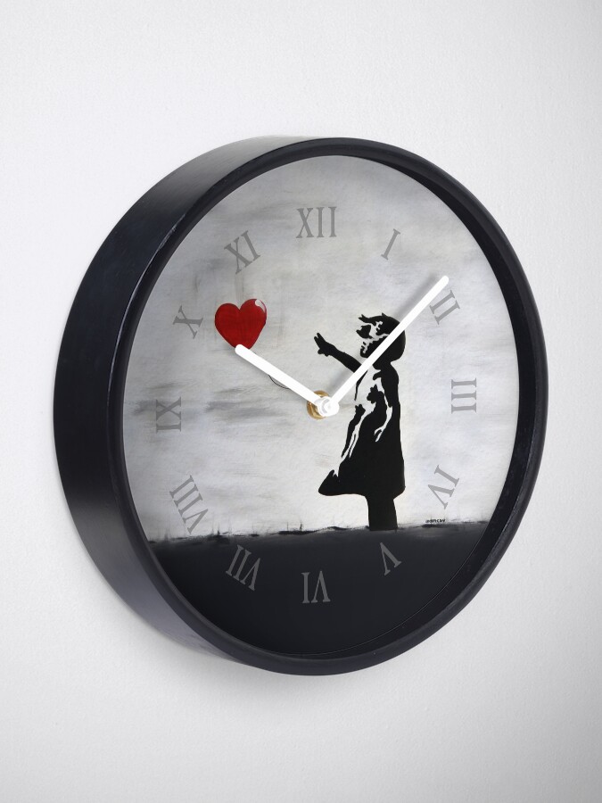 Alternate view of Banksy Girl with heart balloon graffiti ORIGINAL WALL street art HD HIGH QUALITY ONLINE STORE Clock