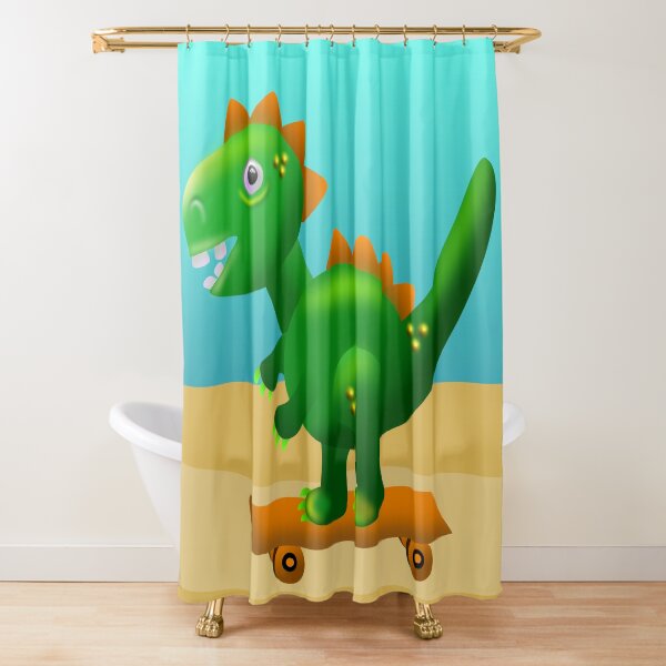 Cute T Rex Dinosaur on A Skateboard at the Beach Shower Curtain