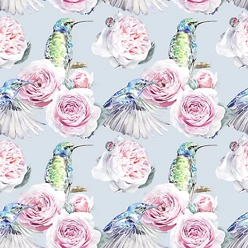 Artwork thumbnail, Hummingbird Colibri With Pink Roses Pattern by mariapirogova