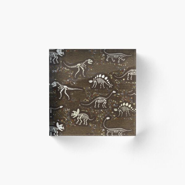 Dinosaur Fossils - cream on brown - Fun graphic pattern by Cecca Designs Acrylic Block