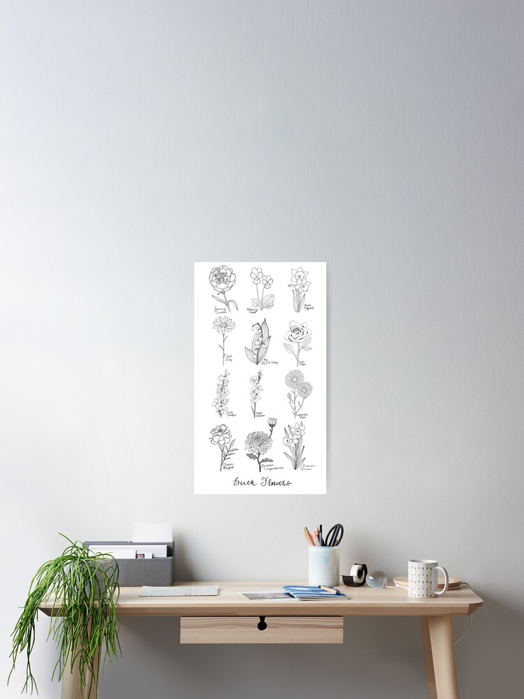 Geburts Blumen Schwarzweiss Tinten Blumen Botanische Zeichnung Geburtstags Blumen Poster Von Lauramaxwell Redbubble