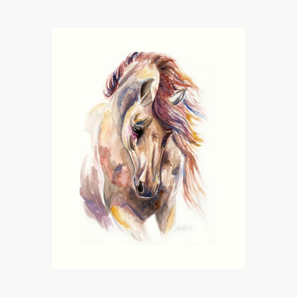 Print of Original ink & watercolour painting Little girl & pony art equestrian 