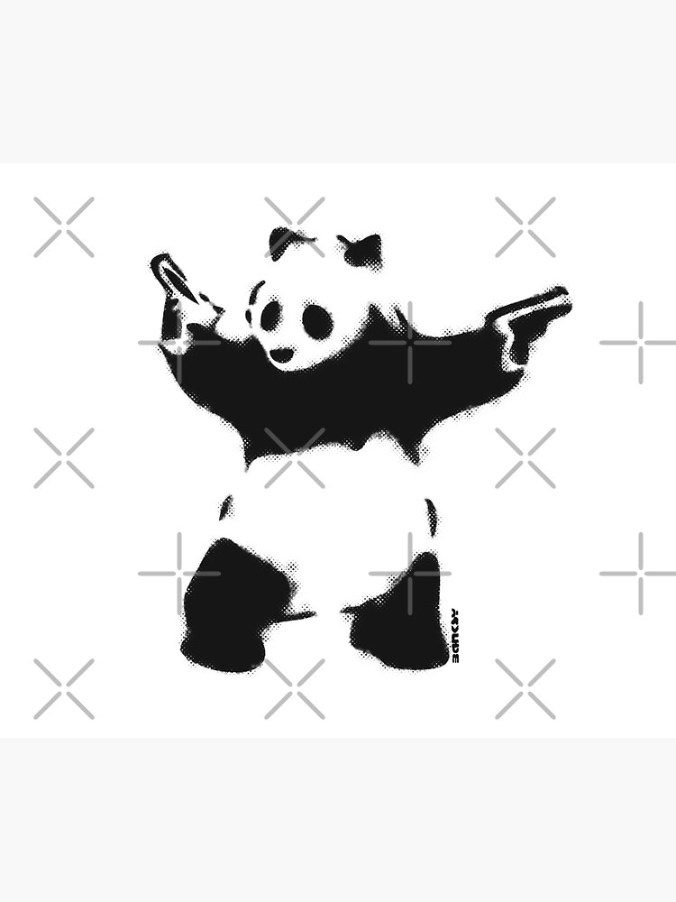 Banksy Panda with guns black and white Graffiti Street art with Banksy signature tag on white background HD HIGH QUALITY ONLINE STORE by iresist