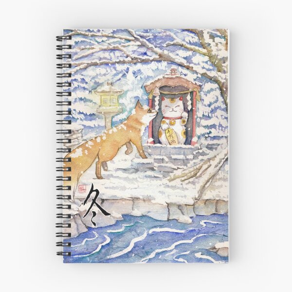 Item preview, Fox with maneki neko shrine money cat in snow designed and sold by meomeo.