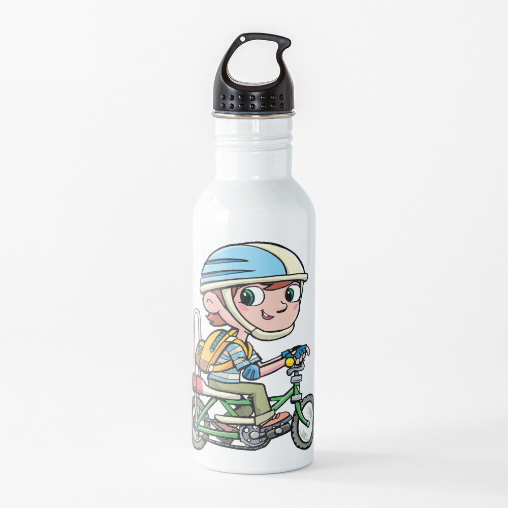 boy rides a boy's bike from the 80's Water Bottle