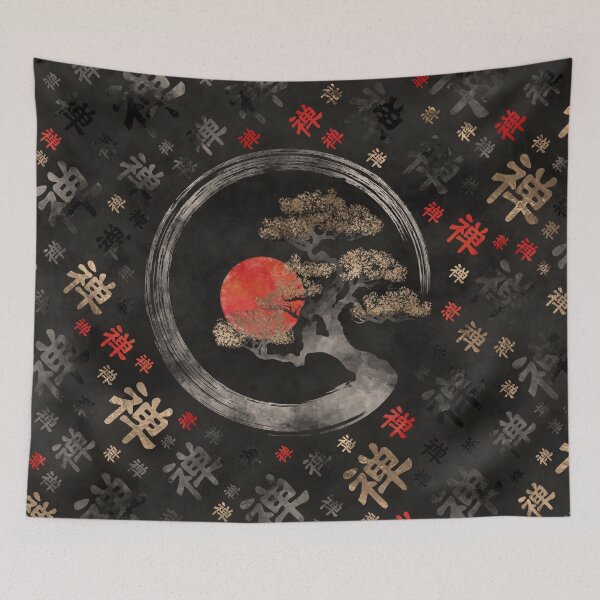 Item preview, Enso Circle Bonsai Tree on Zen Symbol pattern on black designed and sold by k9printart.
