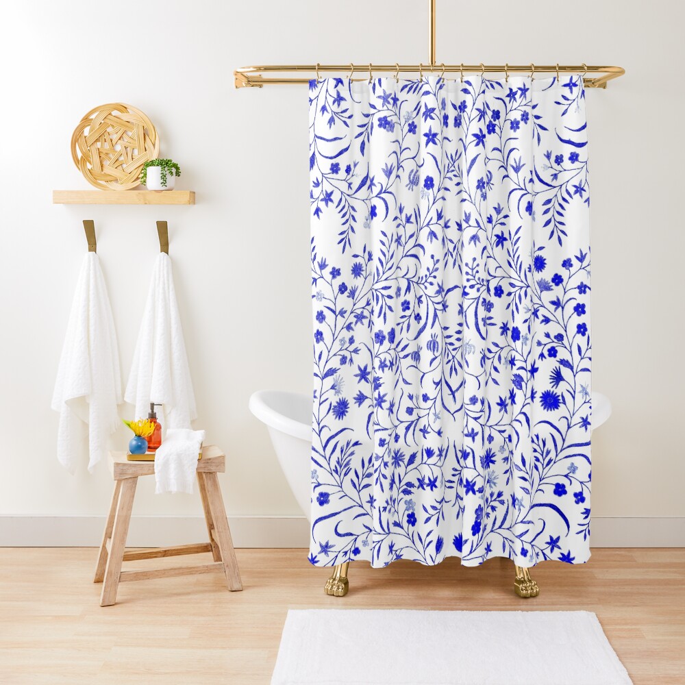 "Blue Floral Embroidery" Shower Curtain for Sale by VirtualMagpie