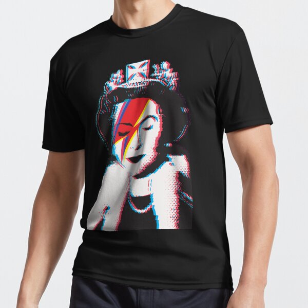 Banksy UK England God Save the Queen Elisabeth with David Bowie rockband face makeup lightning red and blue 3D anaglyph Retro effect HD HIGH QUALITY ONLINE STORE Active T-Shirt