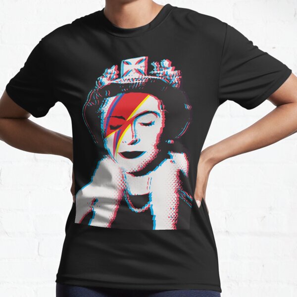 Banksy UK England God Save the Queen Elisabeth with David Bowie rockband face makeup lightning red and blue 3D anaglyph Retro effect HD HIGH QUALITY ONLINE STORE Active T-Shirt