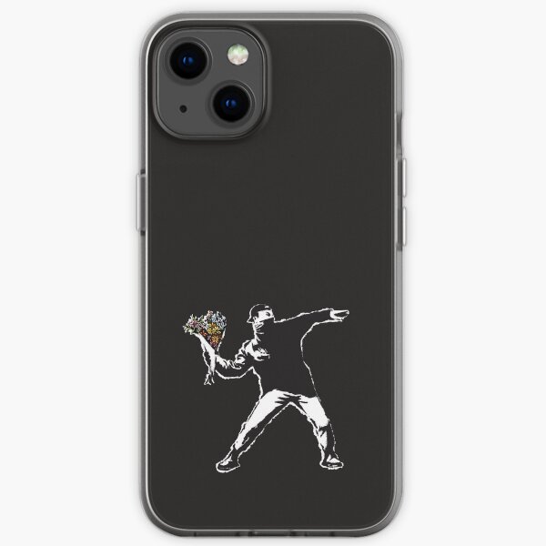 Banksy graffiti Protest anarchist throwing flowers Thrower Make Art not war on black background HD HIGH QUALITY ONLINE STORE iPhone Soft Case