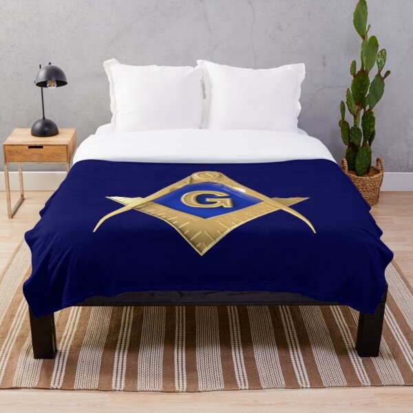 Freemason Gold Square & Compass Blue Background Masonic Throw Blanket
