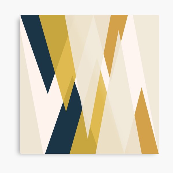 Triangular Abstract in Mustard Yellows, Navy Blue, and Blush Tones. Minimalist Geometric Metal Print