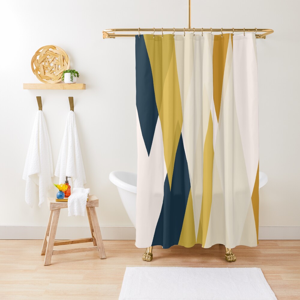 Triangular Abstract in Mustard Yellows, Navy Blue, and Blush Tones. Minimalist Geometric Shower Curtain