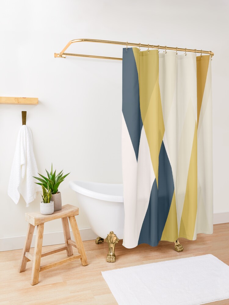 Alternate view of Triangular Abstract in Mustard Yellows, Navy Blue, and Blush Tones. Minimalist Geometric Shower Curtain