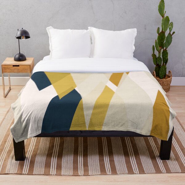 Triangular Abstract in Mustard Yellows, Navy Blue, and Blush Tones. Minimalist Geometric Throw Blanket