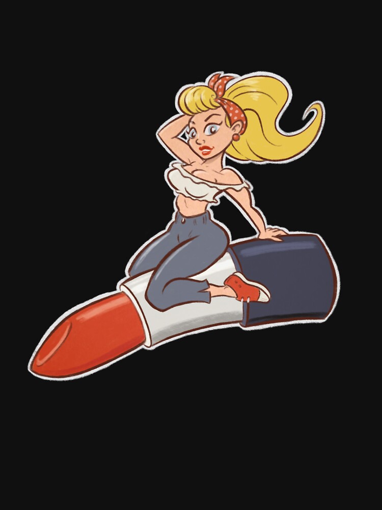 Thumbnail 3 of 3, Fitted T-Shirt, Pin-Up Girl Riding A Lipstick designed and sold by Toonabilly.