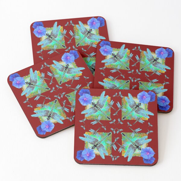 Item preview, BLUE DRAGONFLIES FLORAL ON MAROON COLOR ART   designed and sold by sharlesart.