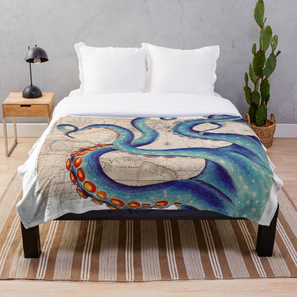 Tentacles Vintage Map Octopus Kraken Shabby Chic Beach Throw Blanket