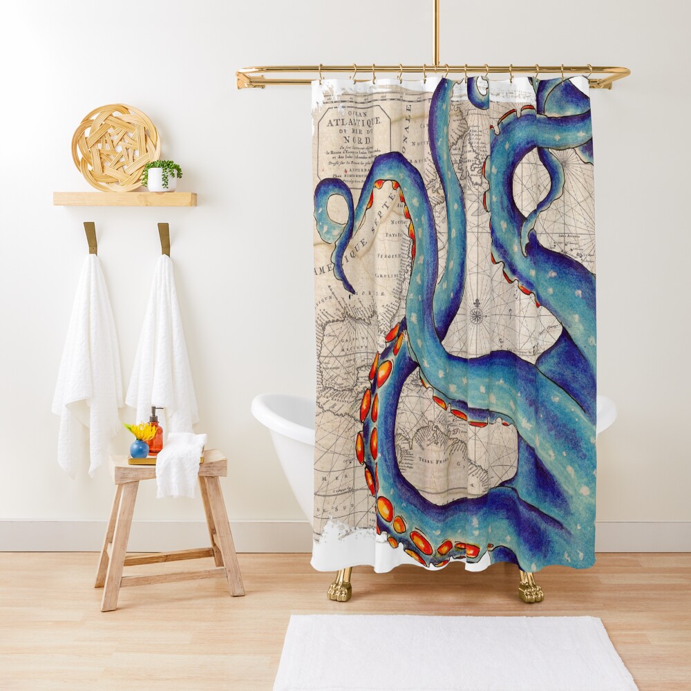 Tentacles Vintage Map Octopus Kraken Shabby Chic Beach Shower Curtain