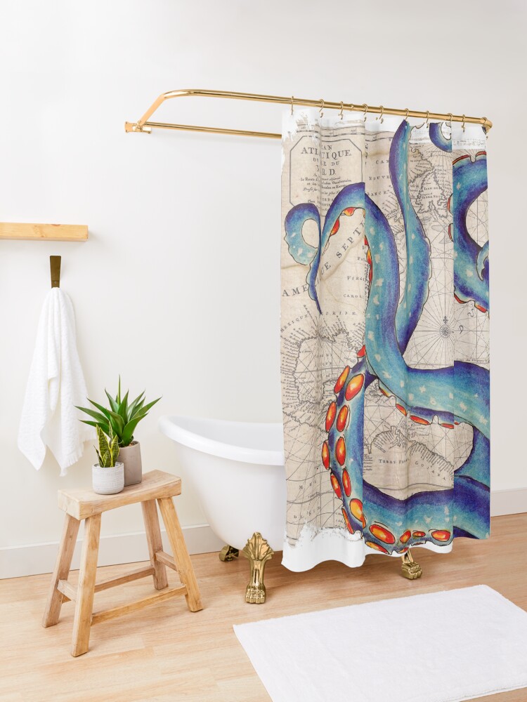 Alternate view of Tentacles Vintage Map Octopus Kraken Shabby Chic Beach Shower Curtain