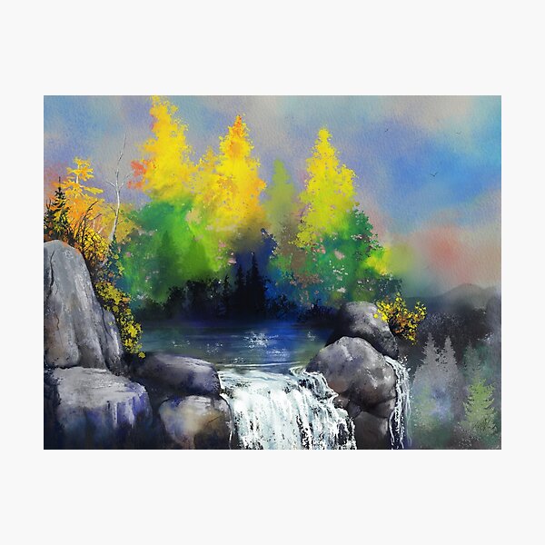 Tennessee Mountain Lake & Waterfall - Watercolor Ink Painting Photographic Print