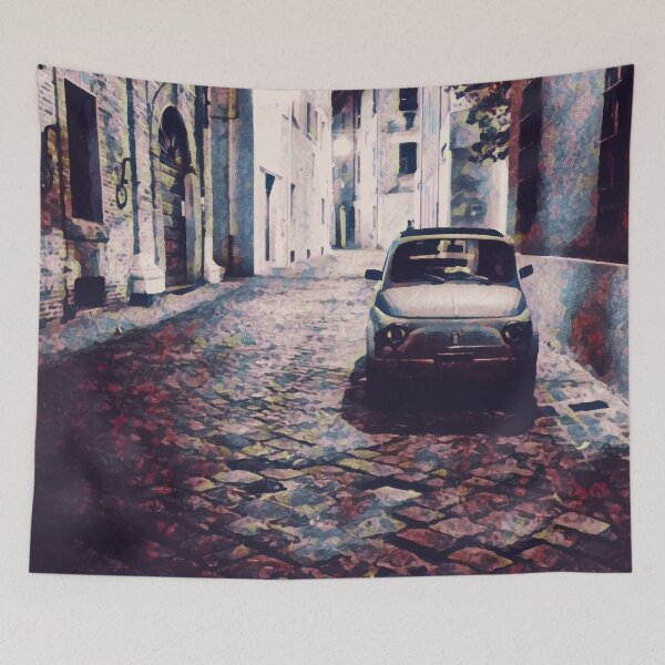 Item preview, A classic, Fiat 500 parked in an Italian back street at night designed and sold by Retro Futurist.