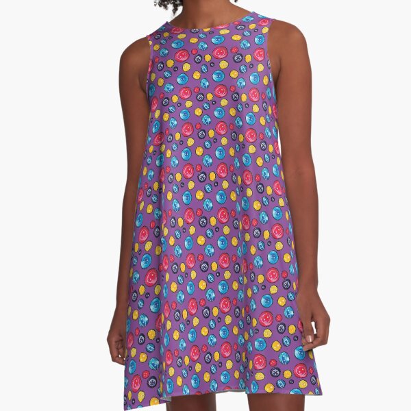 Circle Buttons Sewing Bright Pattern A-Line Dress
