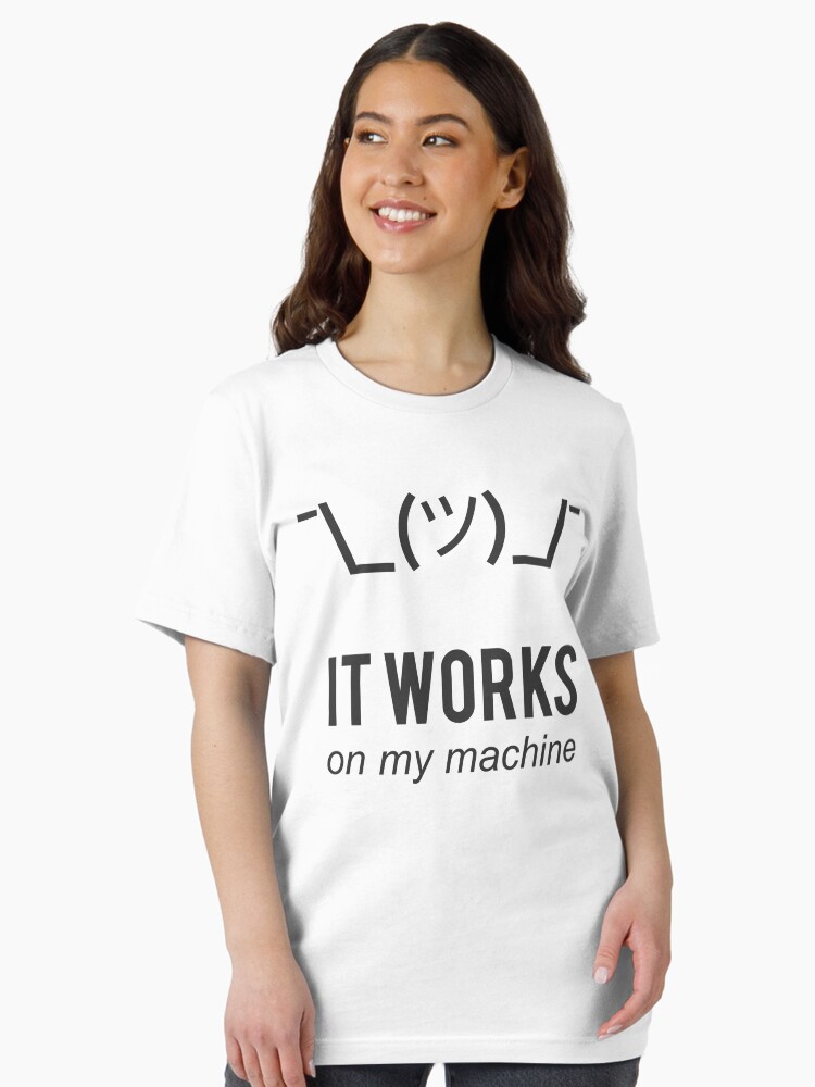 Thumbnail 2 of 7, Essential T-Shirt, Shrug It Works On My Machine Funny Programmer Excuse Black Design designed and sold by ramiro.