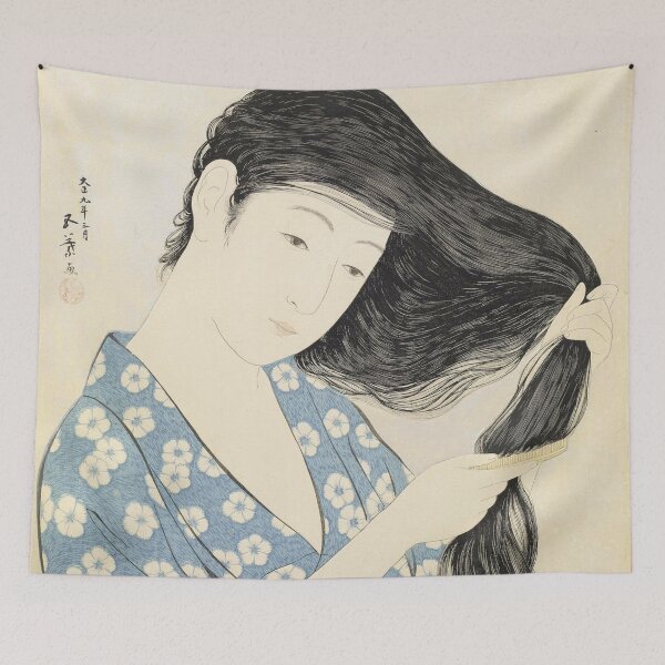 Item preview, Goyō Hashiguchi - Woman in Blue Combing Her Hair - Geisha Japanese art designed and sold by Bebichic.