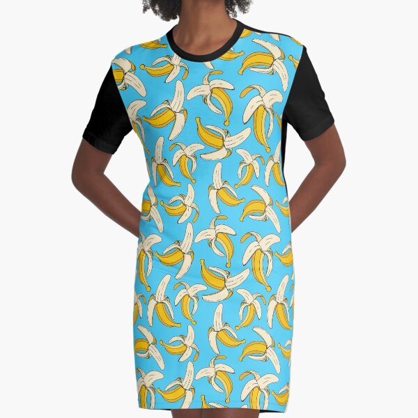 Bananas on Aqua Blue Food Themed Pattern Graphic T-Shirt Dress