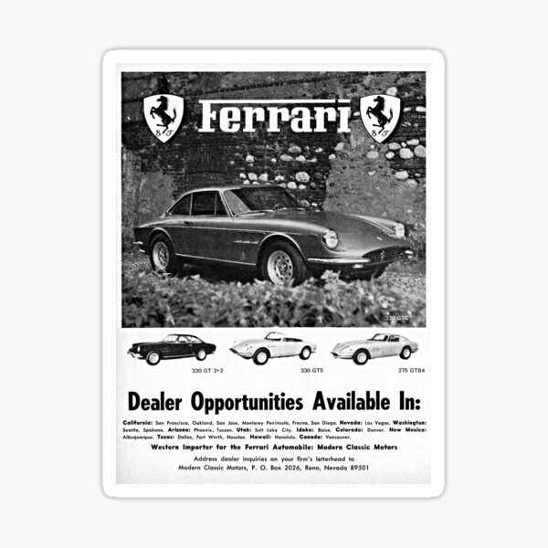 Ferrari 330 GT 2+2, 330 GTS & 275 GTB4 advertisement 1968 Sticker