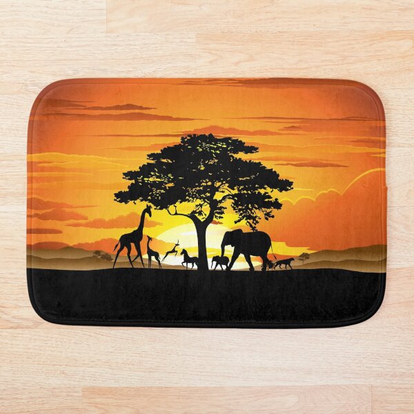 Wild Animals on African Savanna Sunset Bath Mat