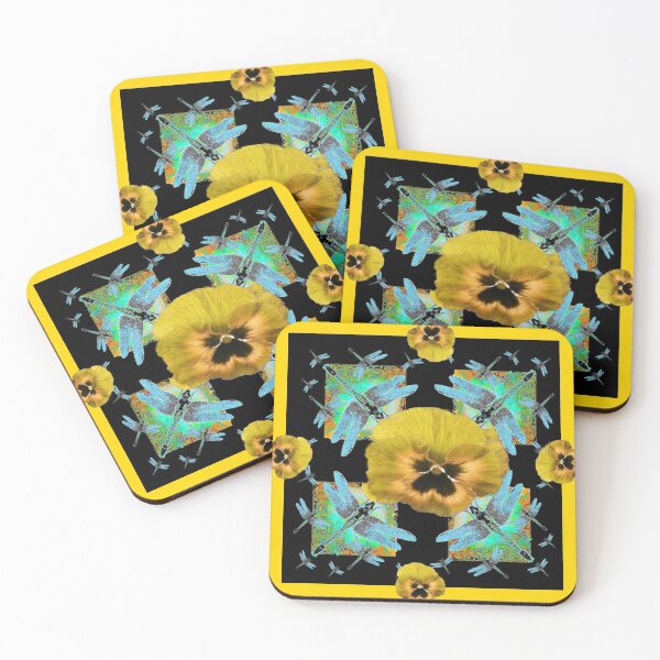 Item preview, DECORATIVE YELLOW PANSIES & BLUE DRAGONFLIES BLACK ART designed and sold by sharlesart.
