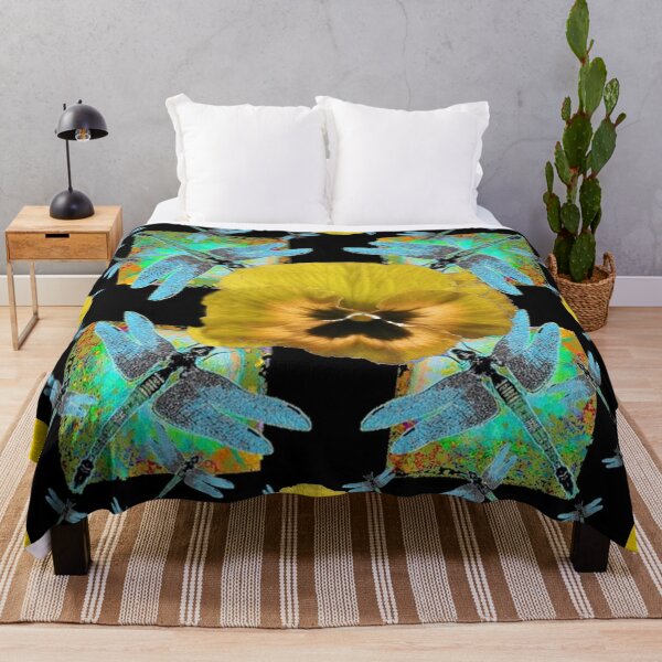 Item preview, DECORATIVE YELLOW PANSIES & BLUE DRAGONFLIES BLACK ART designed and sold by sharlesart.