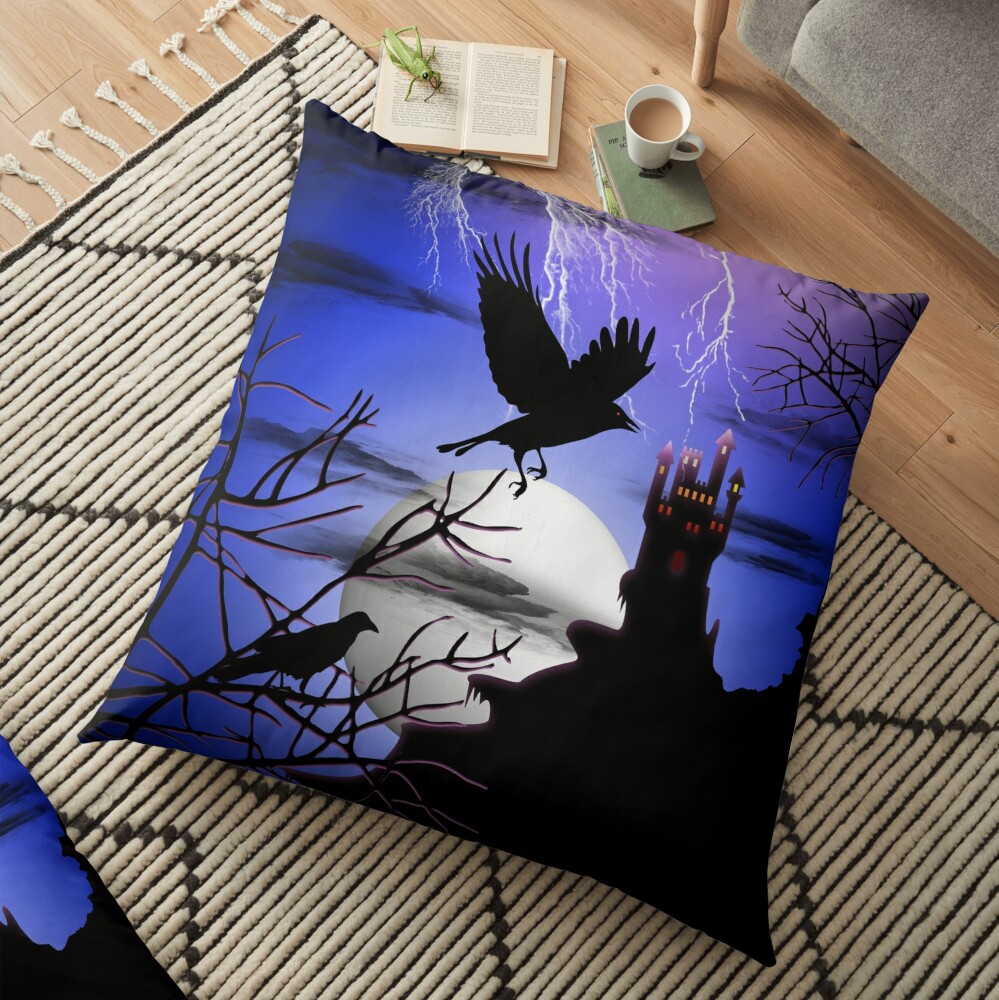 Raven's Haunted Castle Halloween Night Floor Pillow
