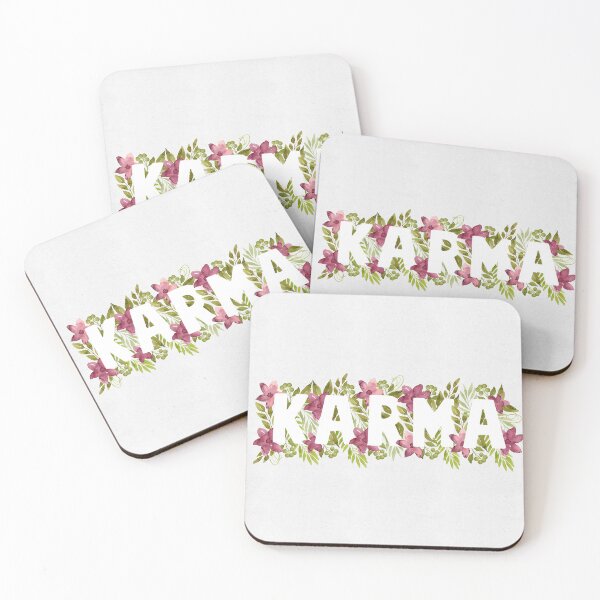 Item preview, Word Karma in green watercolor leaves and crimson flowers.  designed and sold by helga-wigandt.