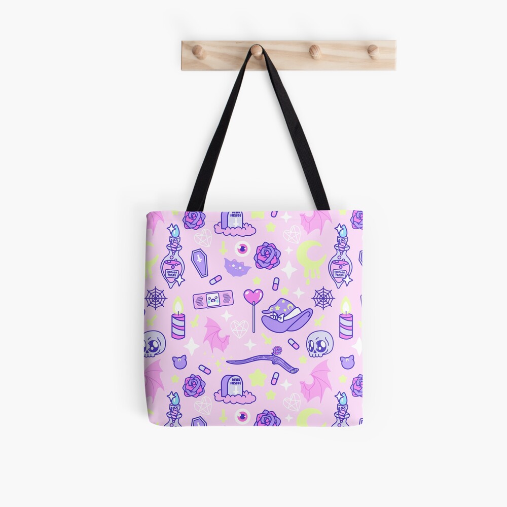 Kawaii Pastel Tote Bag With Goth Crystal Skull Design 