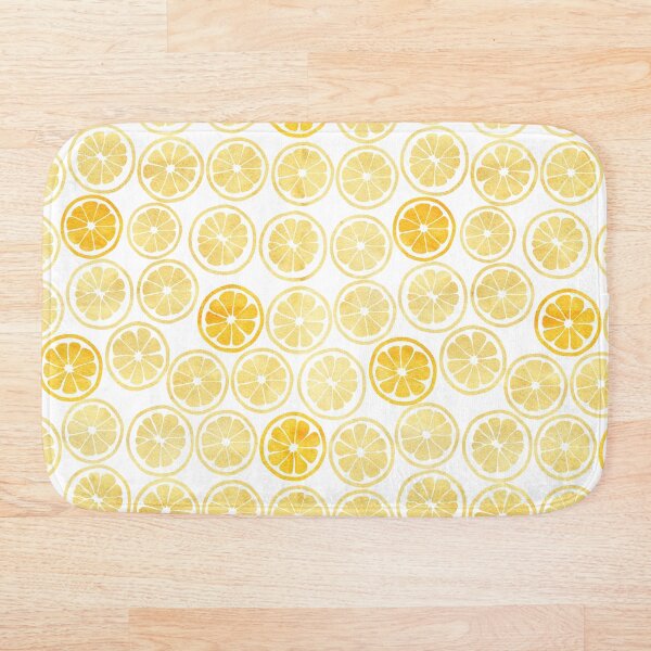 Yellow Watercolor Lemon Slices Pattern Bath Mat