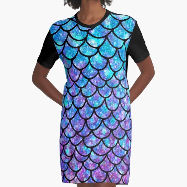 Purples & Blues Mermaid scales Graphic T-Shirt Dress