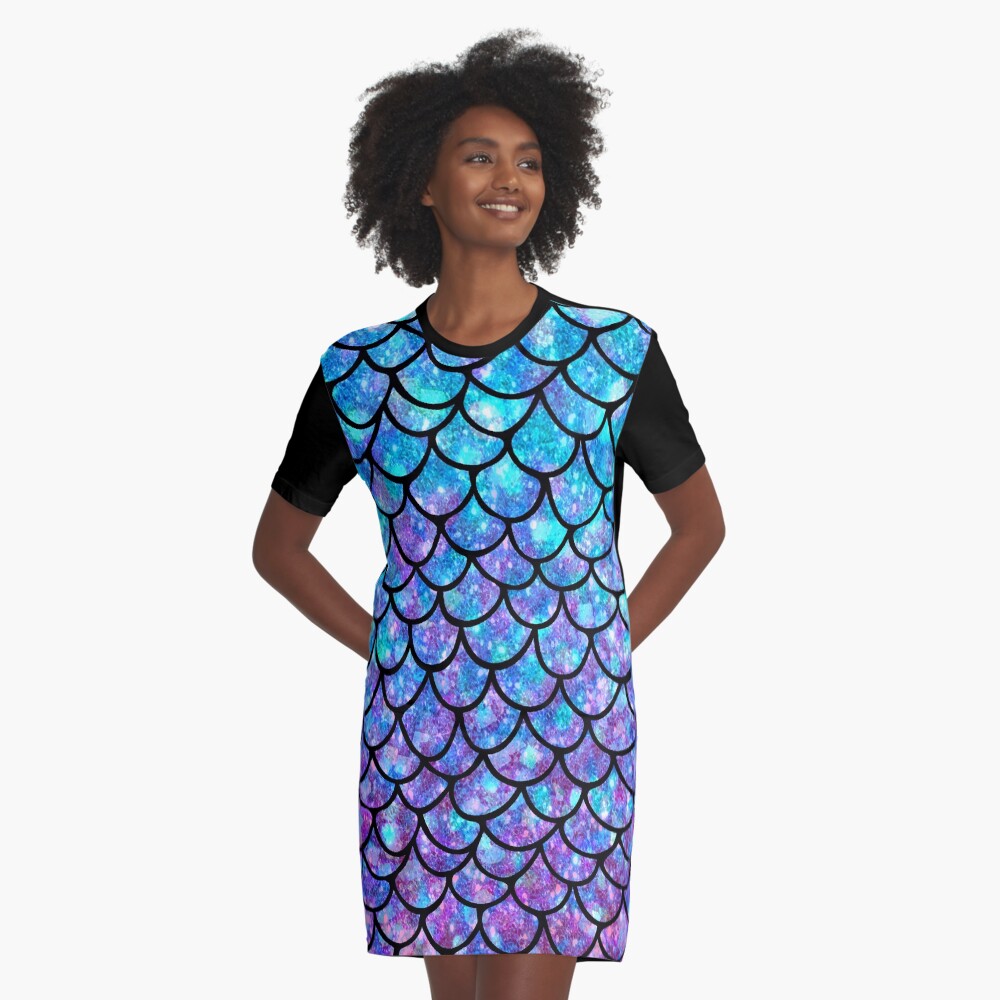 Purples & Blues Mermaid scales Graphic T-Shirt Dress