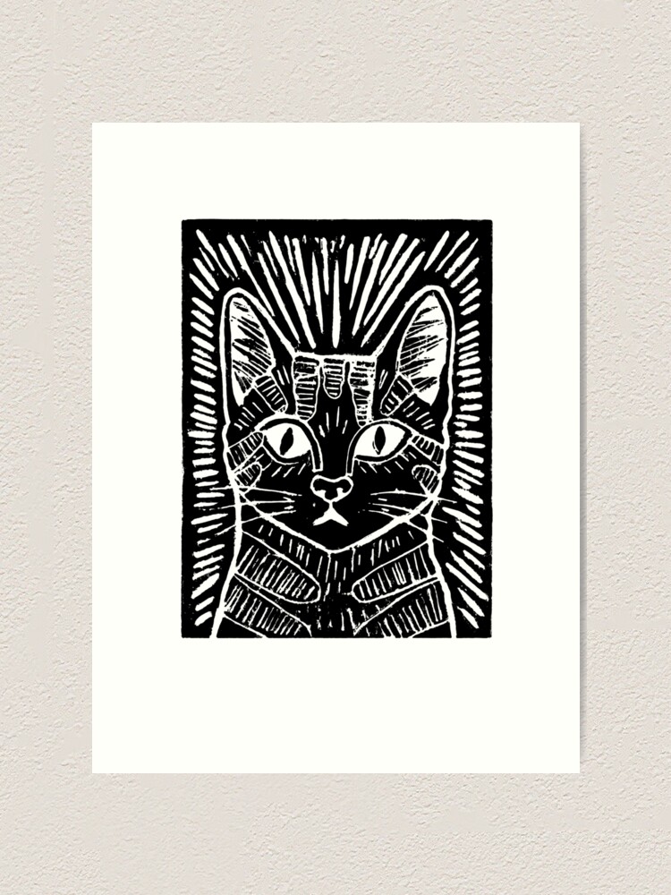 Black Cat Print, Black Cat Art, Black Cat Linocut Print Original